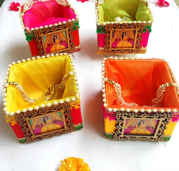 Group of Haldi Favour Baskets arranged elegantly, ready to be distributed to guests at a special occasion