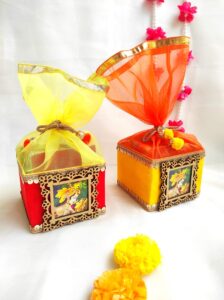 Colorful Janmashtami Favour Basket filled with traditional sweets and treats