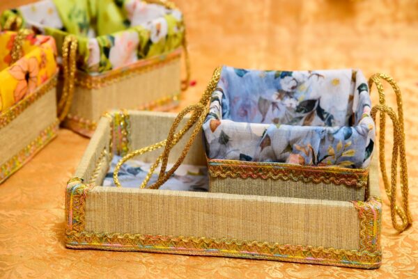 Handmade floral and jute combination tray perfect for home decor and organization.