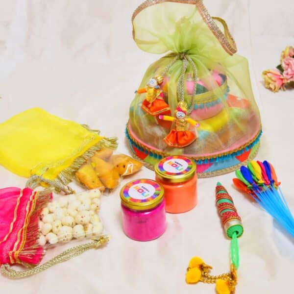 A variety of beautifully wrapped gifts with colorful ribbons, curated by CraftMansion for a peaceful and senseful Holi celebration.