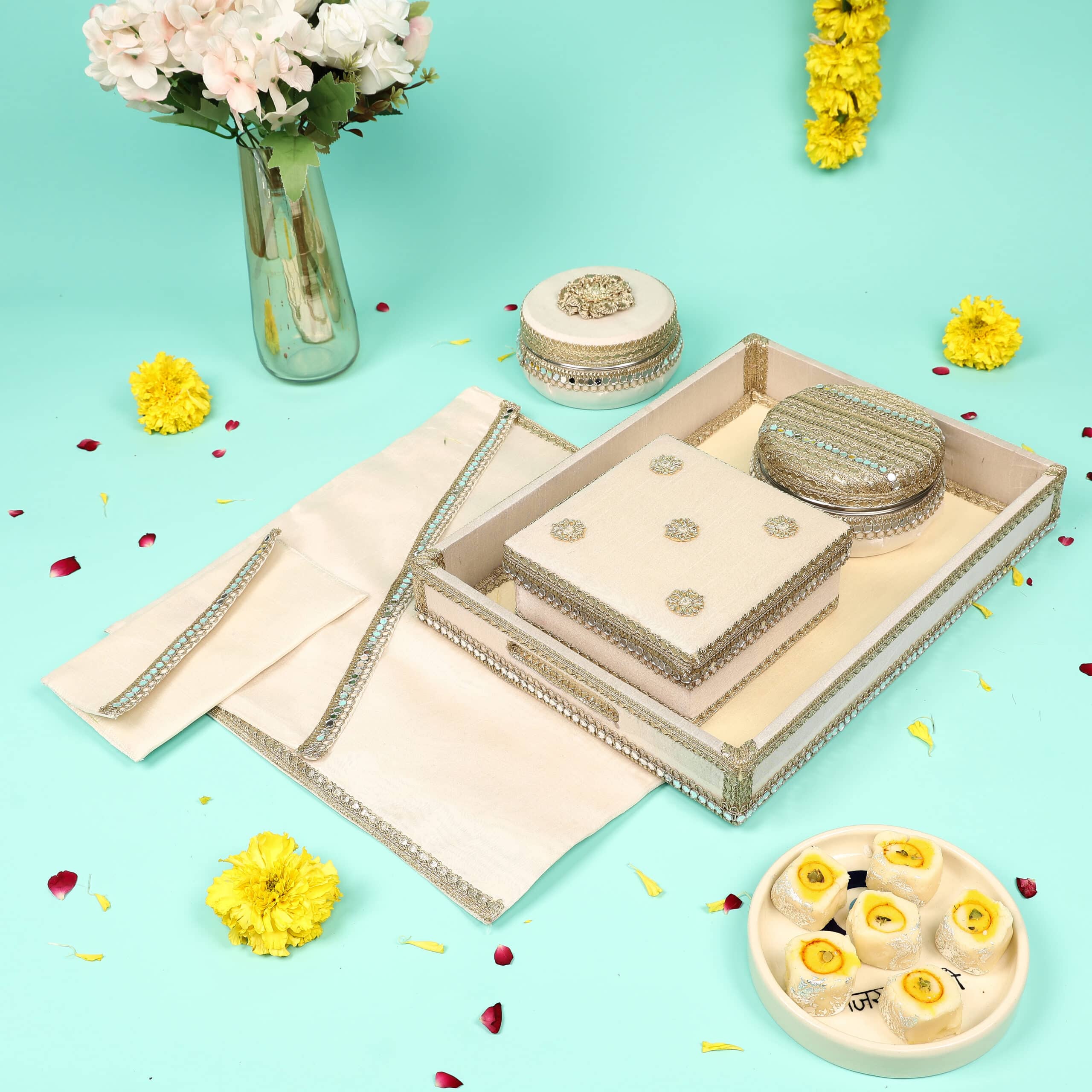 CraftMansion Hamper Set for Wedding and Festival Season - Includes a beautifully crafted packing tray, sweet box, ladoo box, saree cover, and shagun envelope. Perfect for adding elegance and tradition to your celebrations.