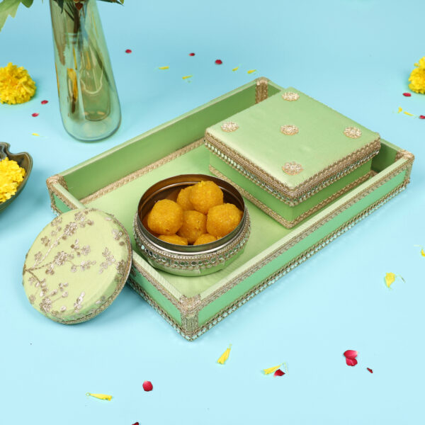 CraftMansion Hamper Set for Wedding and Festival Season - Includes a beautifully crafted packing tray, sweet box, ladoo box, saree cover, and shagun envelope. Perfect for adding elegance and tradition to your celebrations.