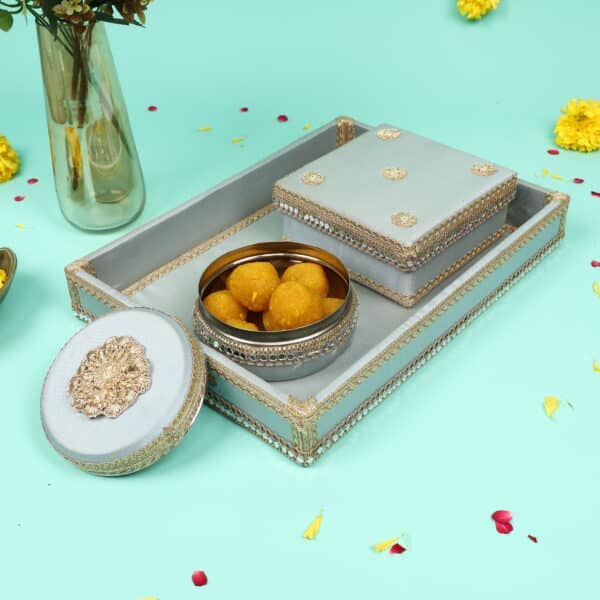 CraftMansion Hamper Set for Wedding and Festival Season - Includes a beautifully crafted packing tray, sweet box, ladoo box, saree cover, and shagun envelope. Perfect for adding elegance and tradition to your celebrations.